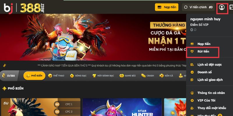 Truy cập vào trang rút tiền của nhà cái
